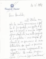 Lettera di Giuseppe Galasso a Giovanni Battista Ansaldo, 14-4-1994